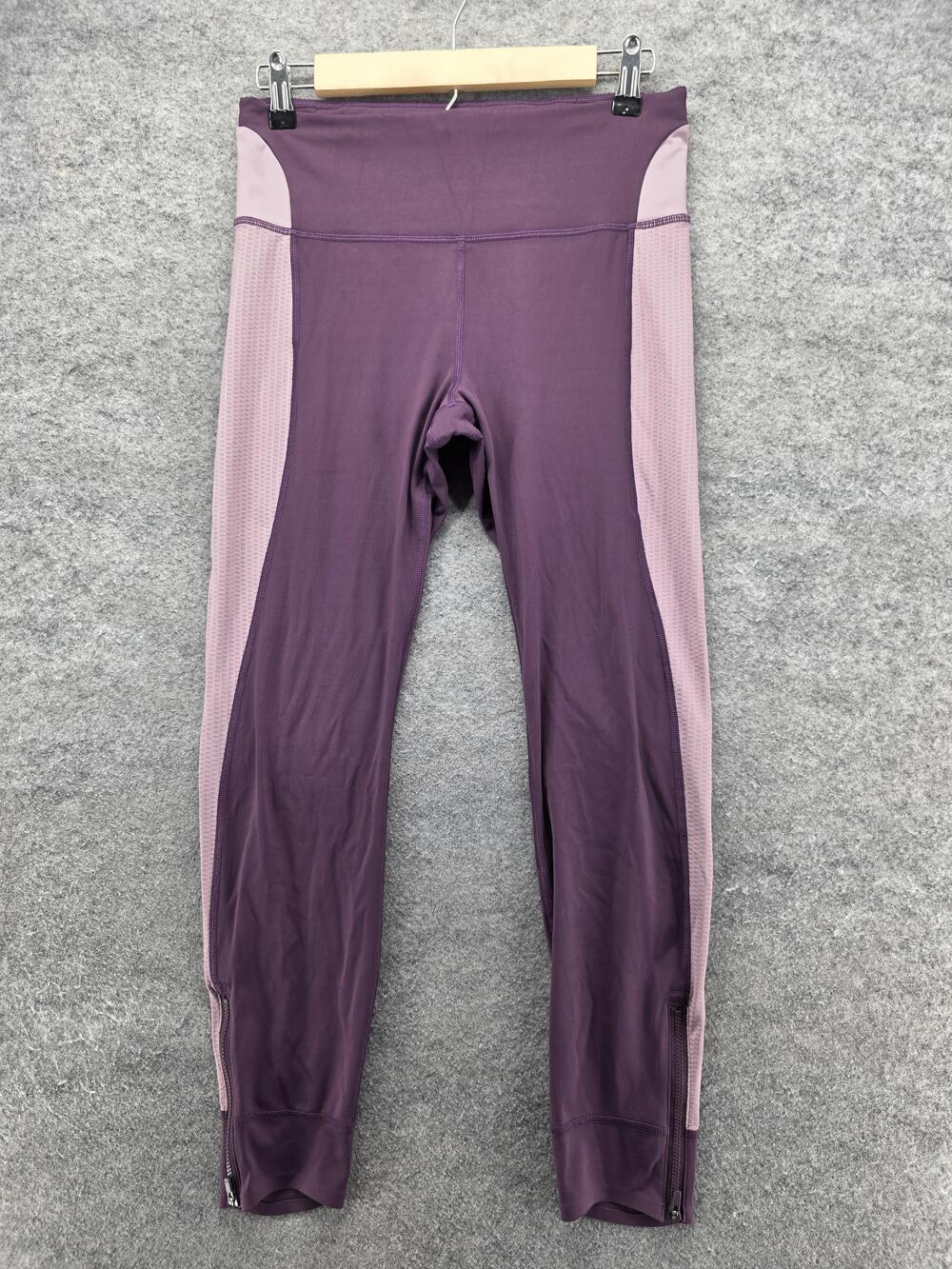 Athleta Allyson Felix Leggings Womens Medium Purple Pink Mesh Panel Zip Hem